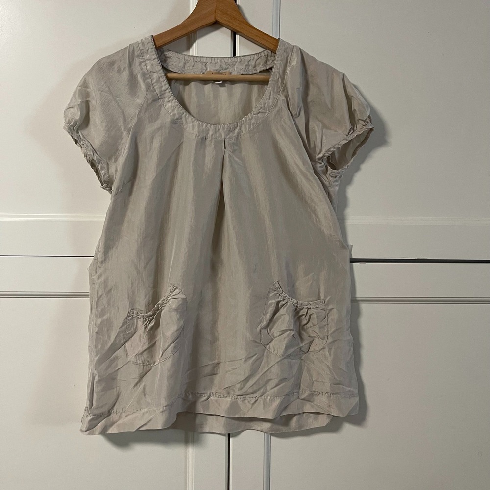Piko 1988 Womens Short Sleeve‎ Puff Sleeve Pocket Blouse Beige Large